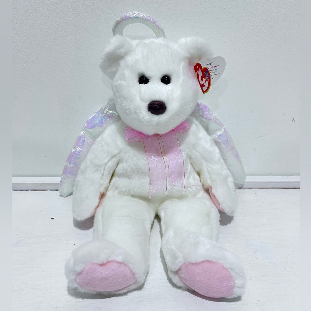 Vintage 1999 Ty‎ Beanie Baby Halo White Pink Teddy Bear w/ iridescent Wings 15”